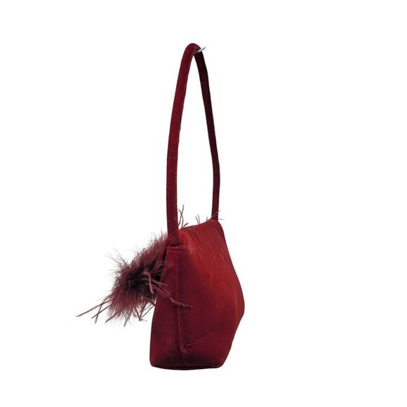 Vtg BeBe Red Maroon Wine Velvet Evening Bag Feather Fringe Formal Shoulder Bag - Picture 13 of 16